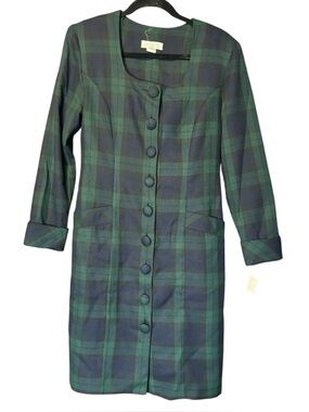 Vintage Express Plaid Green Navy Blue Button Front Dress with Pockets Size 5/6